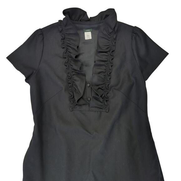 J.Crew Y2K Black Shift Dress Sz 6 100% Wool Ruffle Short Sleeve Midi Knee Length - Picture 3 of 8